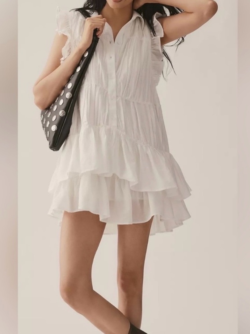 Anthropologie Sleeveless White Ruffle Mini Shirt Dress